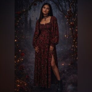 Burgundy Floral Maxi Dress Smocked Puff Sleeve Cottagecore Whimsigoth Sz S Vamp